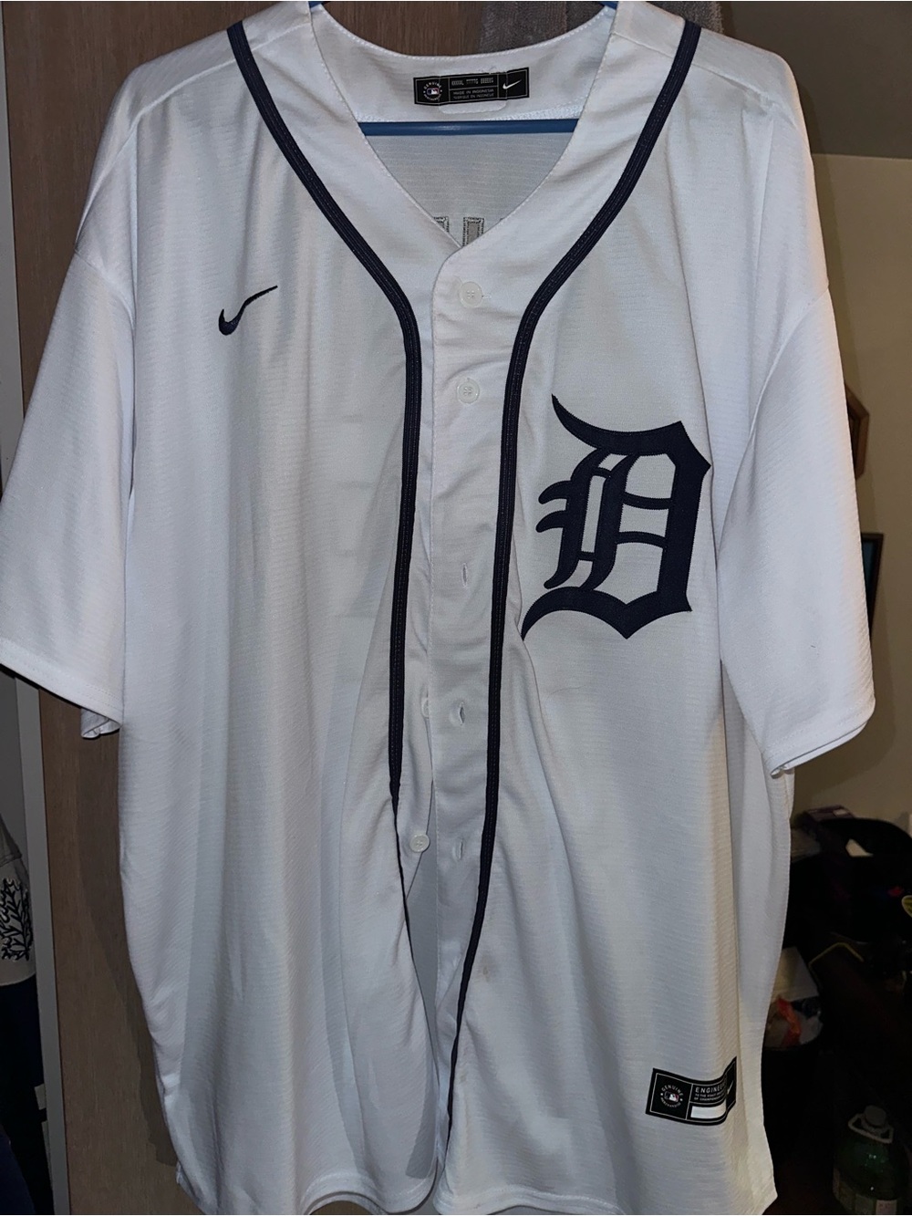Nike White and Navy Detroit D Baseball Jersey